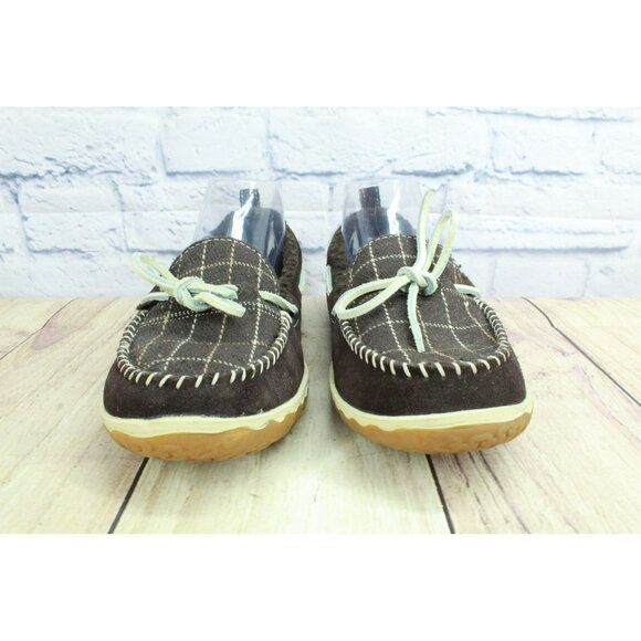 LL Bean Plaid Lined Brown Suede Shearling Lined Moccasin Slippers Size 8 M - Picture 4 of 9